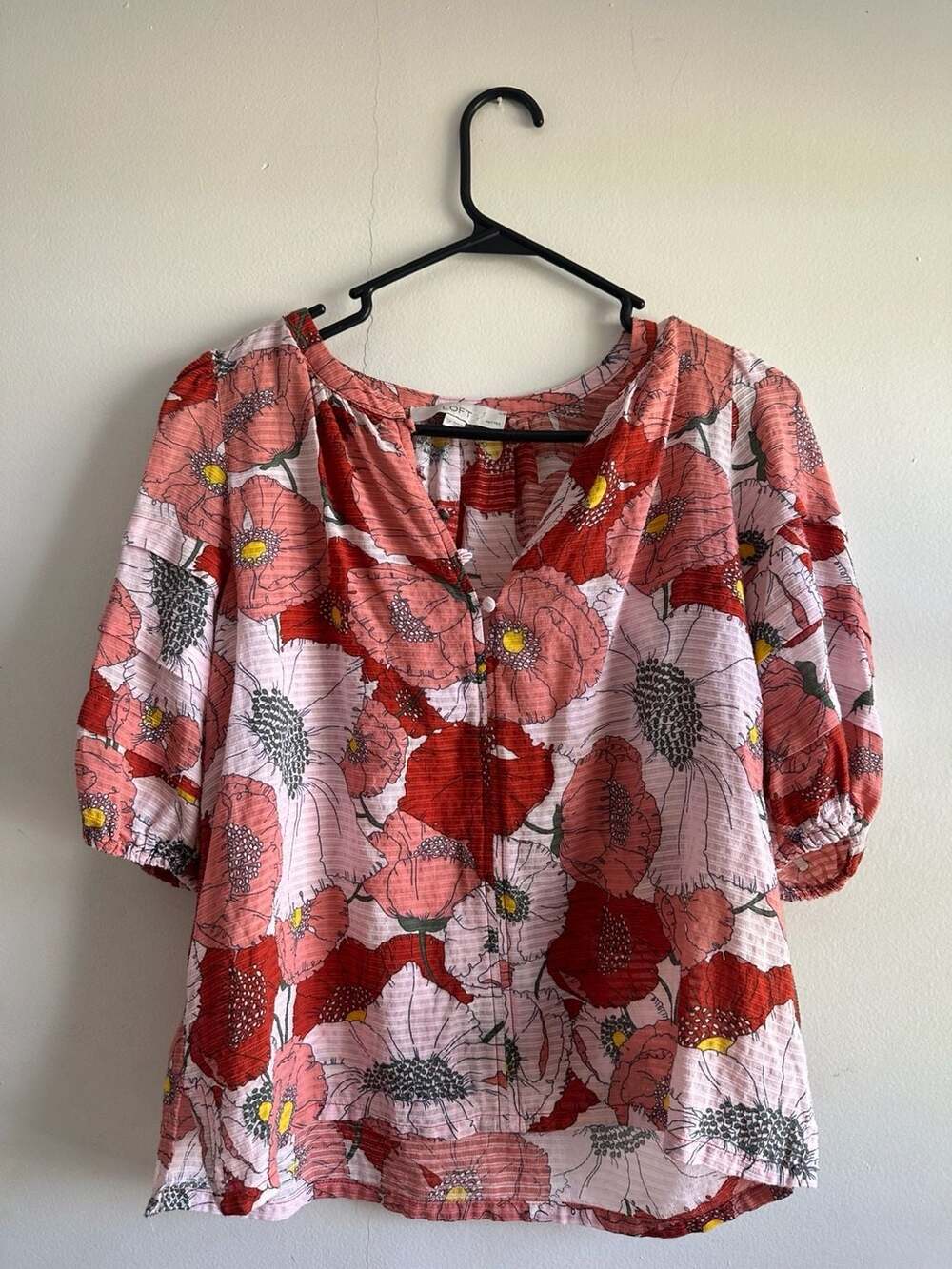 LOFT Petites Poppy Floral Puff Sleeve Blouse, Size SP